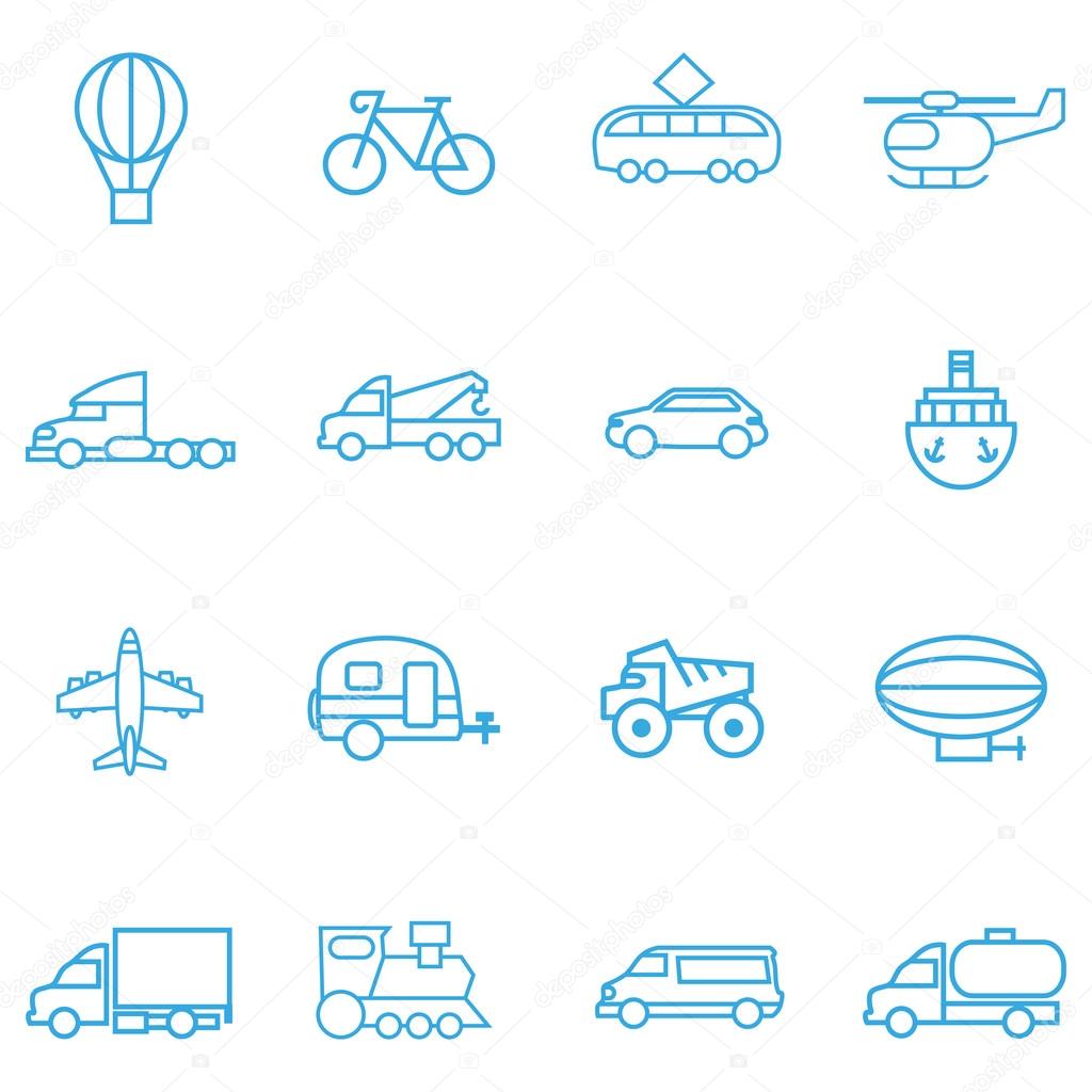 Transportation icons blue lines on a white background