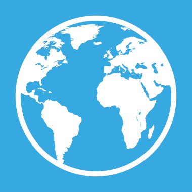 Dünya küre mavi arka plan üzerinde düz stilde simgesi