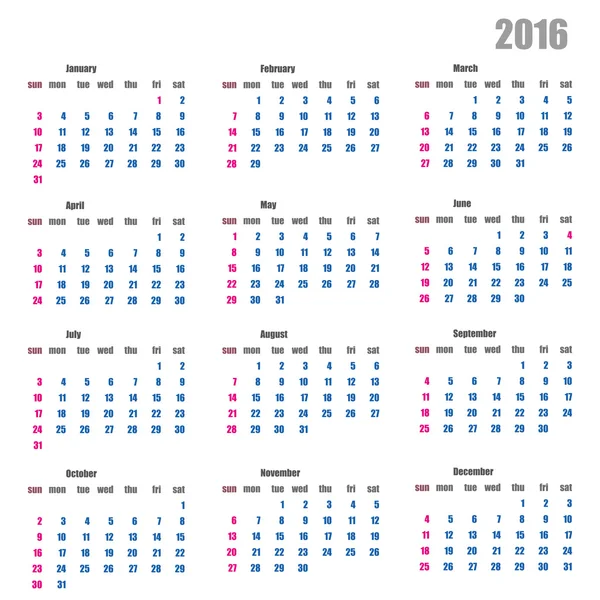 Calendario para el año 2016 en un estilo plano con estilo — Archivo Imágenes Vectoriales