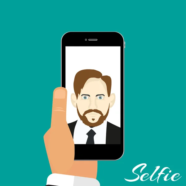 Ilustracja Selfie telefon w ręku zielone tło — Wektor stockowy