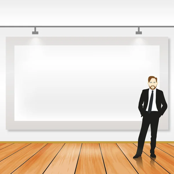 大きな空白のバナーの横に立っているビジネスマンのイラスト — ストックベクタ