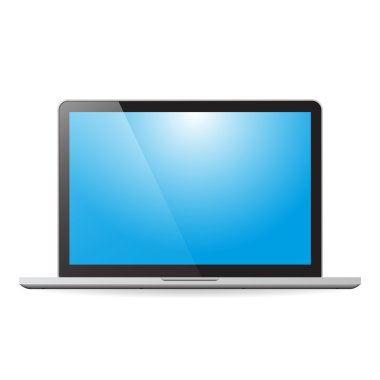 Laptop ile mavi ekran ve beyaz zemin üzerine gölge