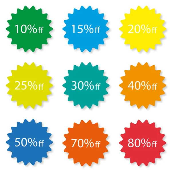Százalékos ki eladó címkék különböző színű stílusos — Stock Vector