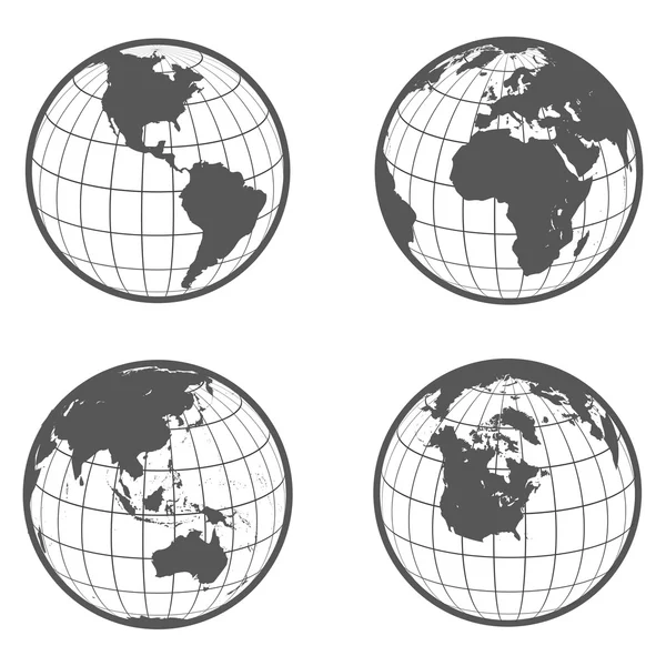 Set di globi con diversi continenti terra stile piatto — Vettoriale Stock