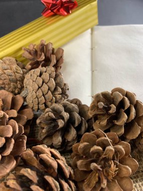 Kozalaklı defter ve keten kumaşlı hediyeler.