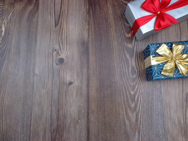 Χριστουγεννιάτικα Μοτίβα Και Γιορτές Δώρα Ξύλινο Φόντο Χώρο Για Τοποθετήσετε — Φωτογραφία Αρχείου