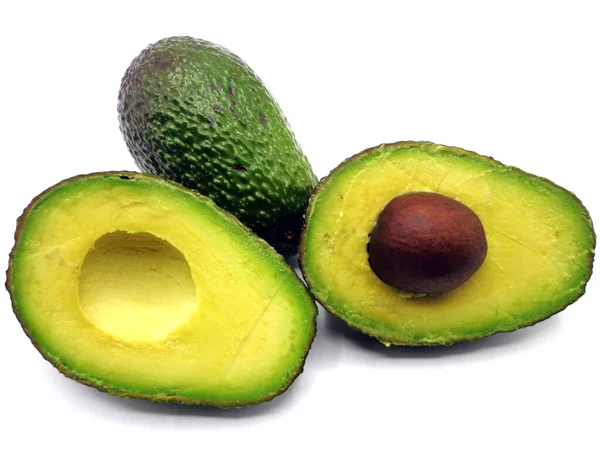 Avocado Χωρίζεται Στη Μέση Απομονώνονται Λευκό Φόντο — Φωτογραφία Αρχείου