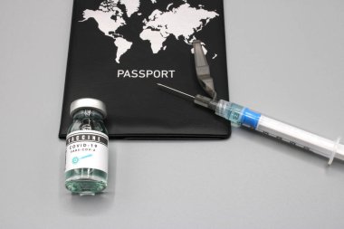 Pasaportun yanında şırınga ve aşı şişesi var.
