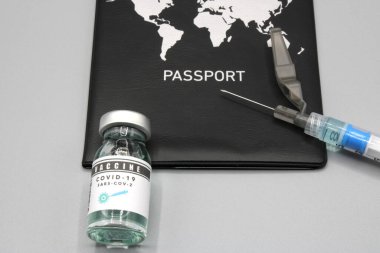 Pasaportun yanında şırınga ve aşı şişesi var.