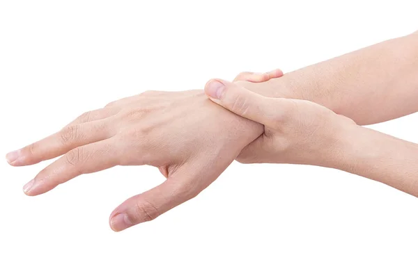 Mujer Sosteniendo Muñeca Concepto Dolor Mujer Cogida Mano Mancha Dolor —  Fotos de Stock