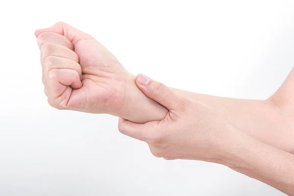 Mujer Sosteniendo Muñeca Concepto Dolor Mujer Cogida Mano Mancha Dolor — Foto de Stock