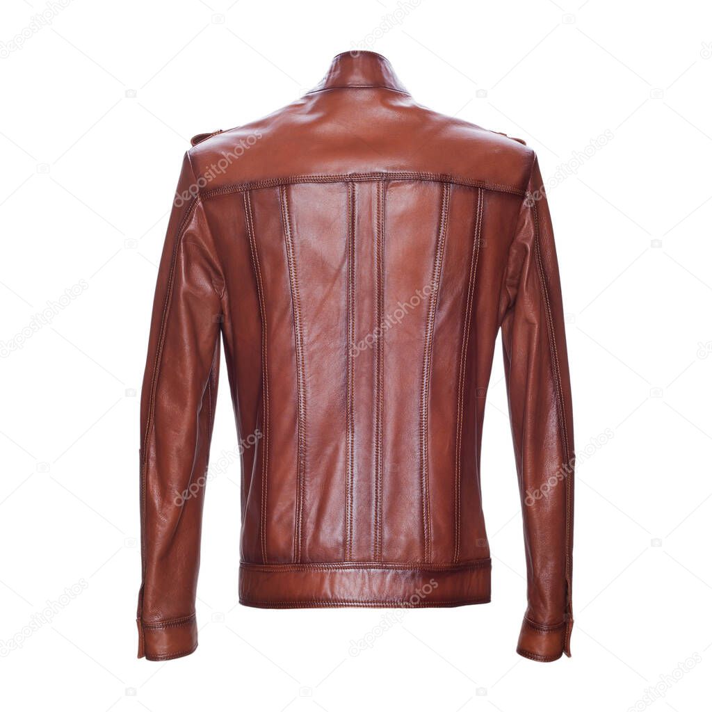 Brown leather jacket isolated on white background.