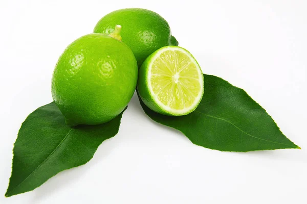 Whole Half Slice Green Lemon White Background — Stock Photo, Image