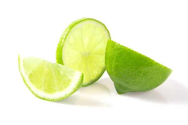 Quarter Half Slices Green Lemon White Background — Stock Photo, Image