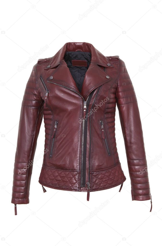 Brown leather jacket isolated on white background.