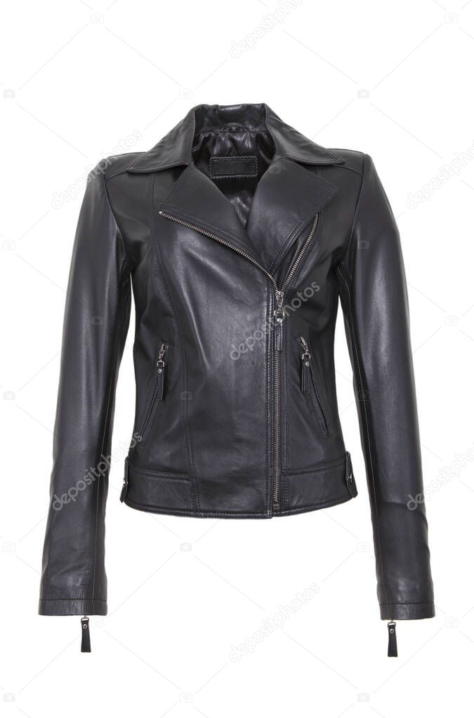 Black leather jacket isolated on white background.
