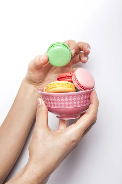 Sweet Colourful Macaron Woman Hand White Background — Stock Photo, Image