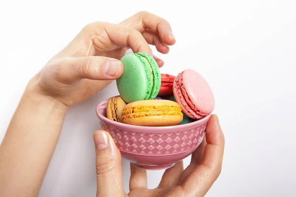 Sweet Colourful Macaron Woman Hand White Background — Stock Photo, Image