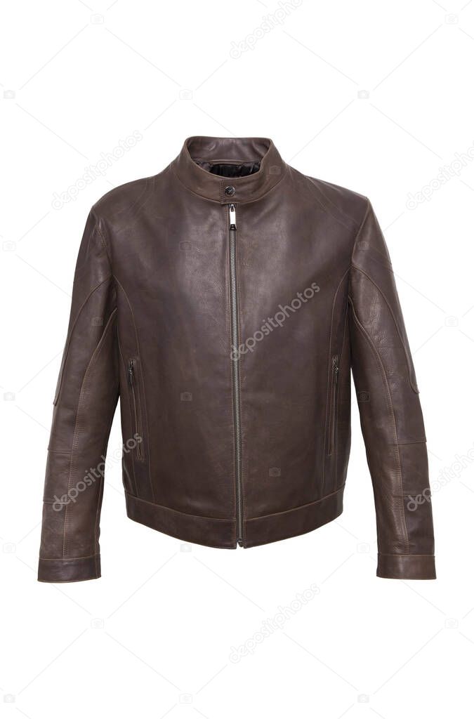 Brown leather jacket isolated on white background.