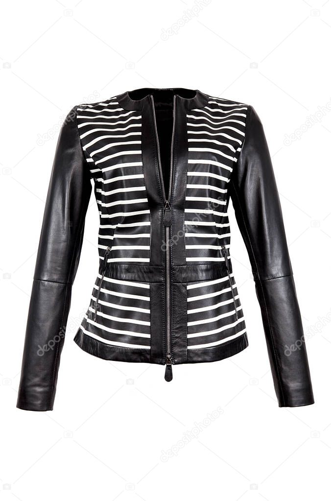 Black leather jacket isolated on white background.