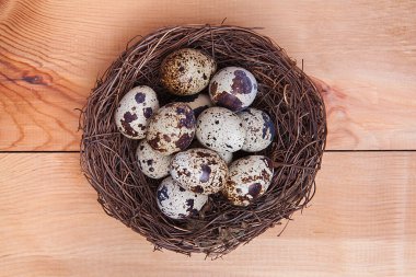 Tahta arka planda küçük bıldırcın yumurtaları.