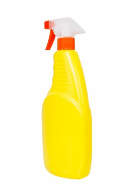 Beyaz arka planda sarı sisli sprey şişesi. Sarı sprey şişesi.