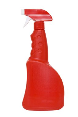 Beyaz arka planda kırmızı su sisli sprey şişesi. Kırmızı sprey şişe..