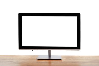 Bilgisayar ahşap arkaplanda izole edildi. 