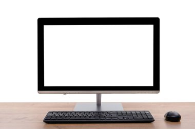 Bilgisayar ahşap arkaplanda izole edildi. 