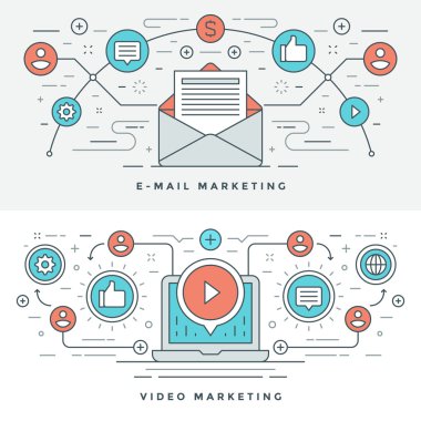 E-posta ve Video pazarlama kavramı vektör çizim düz çizgi. Modern ince lineer kontur vektör simgeler.