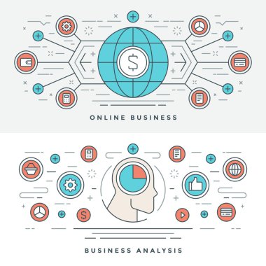 Flat line Online Business Analysis Concept Vector illustration. Modern thin linear stroke vector icons.
