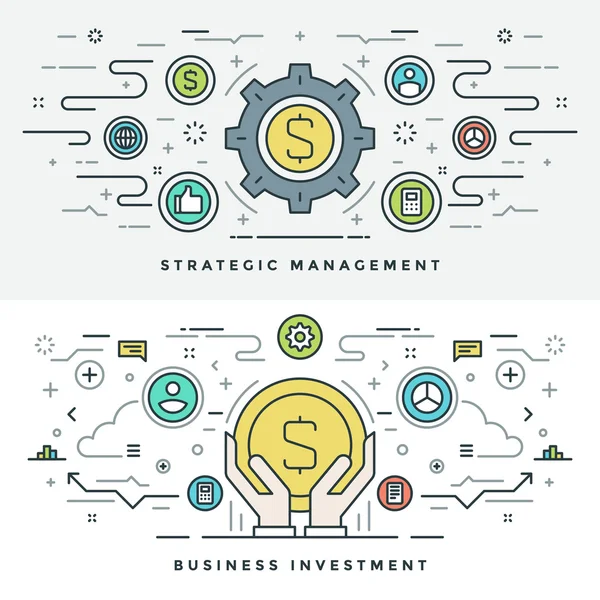 Linha plana Investimento e estratégia de negócios Conceito Ilustração vetorial. Ícones de vetor de curso linear fino moderno . —  Vetores de Stock