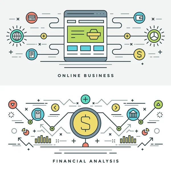 Línea plana Compras e Internet Concepto de Negocios Ilustración vectorial. Iconos de vector de carrera lineal delgada moderna . — Archivo Imágenes Vectoriales