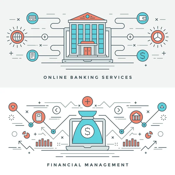 Flatline Banking und Finanzmanagement Konzept Vektor Illustration. moderne Icons für dünne lineare Stroke Vector. — Stockvektor