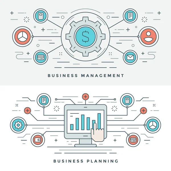 Flat line Business Management and Planning Concept Ilustração vetorial. Ícones de vetor de curso linear fino moderno . —  Vetores de Stock