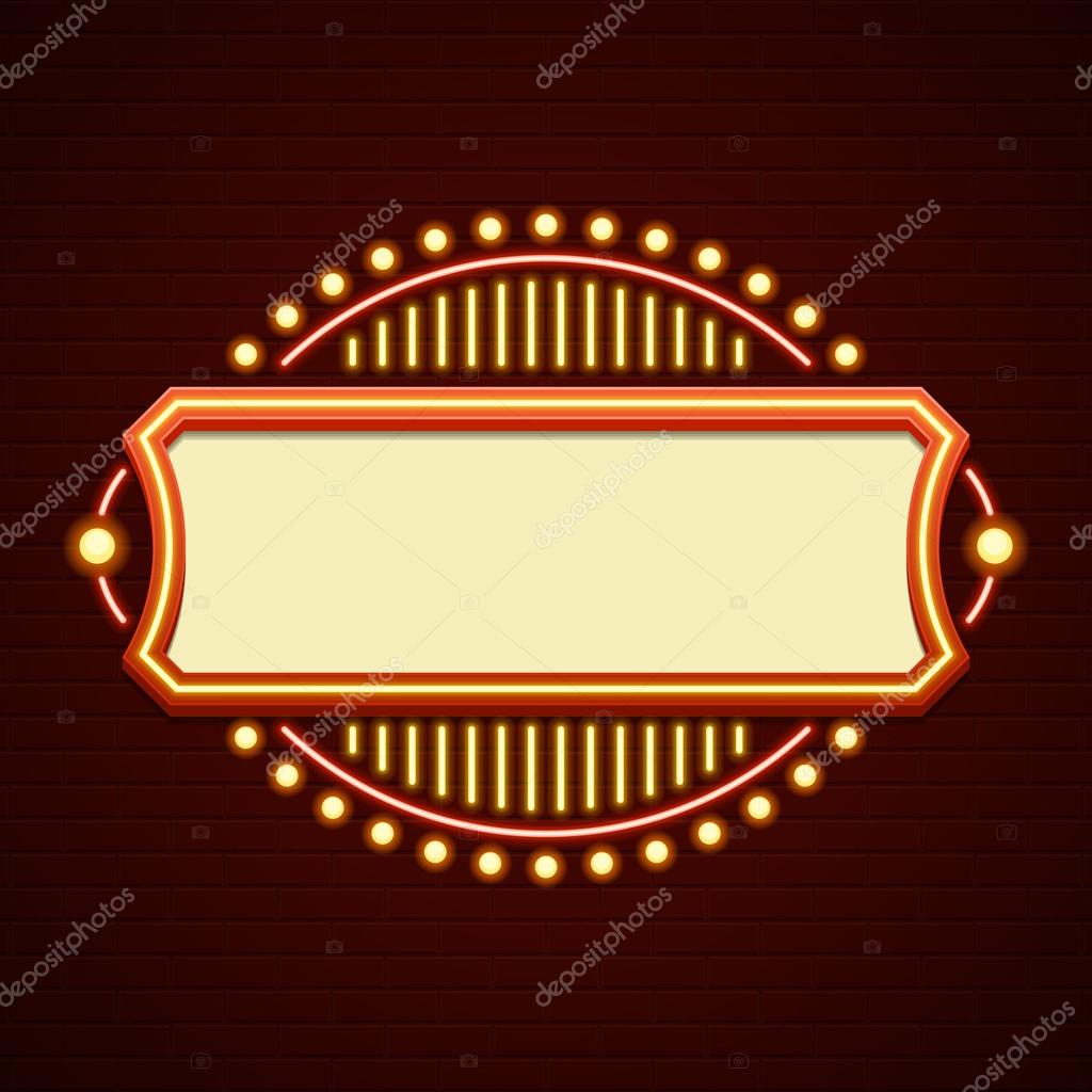 Retro Showtime Sign Design. Cinema Signage Light Bulbs Frame and Neon Lamps on brick wall background. American advertisement style vector illustration. 1950s Sign Design, Retro Signage, Sale
