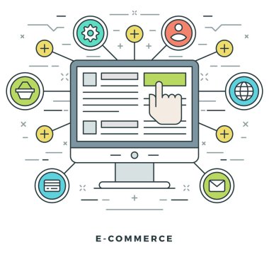 Düz çizgi Online alışveriş ve E-ticaret. Vektör çizim.