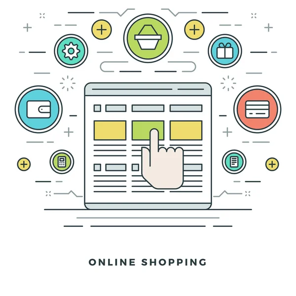 Platte lijn Online winkelen en E-Commerce. Vectorillustratie. — Stockvector