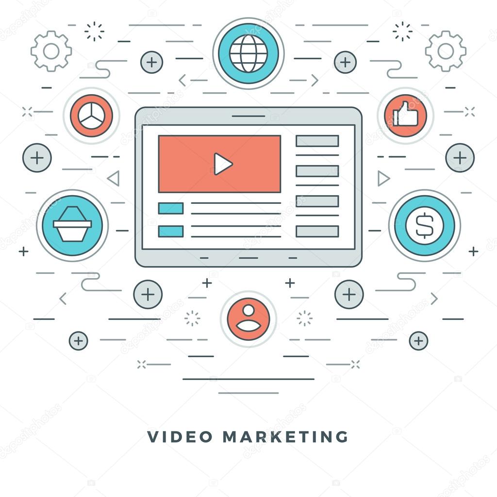 Flat line E-learning or Video Marketing. Vector illustration.