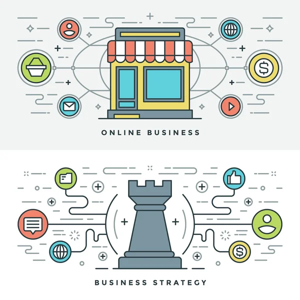 Linea piatta Business Online e Strategia. Illustrazione vettoriale . — Vettoriale Stock