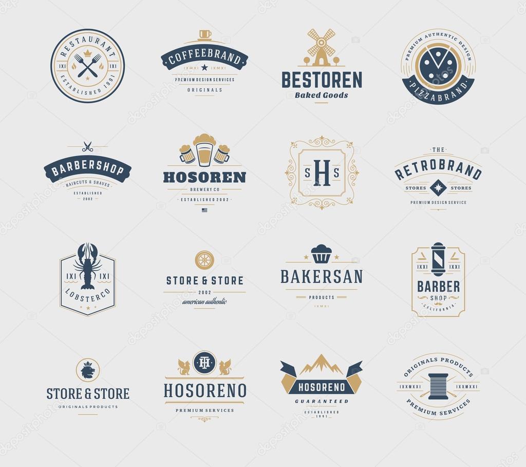 Vintage Logos Design Templates Set. Vector design elements, Logo Elements, Logo symbols, Logo Icons, Logos Vector, Symbols Design, Retro Logos. Beer Logo, Restaurant Logo, Ornament Logo, Bakery Logo