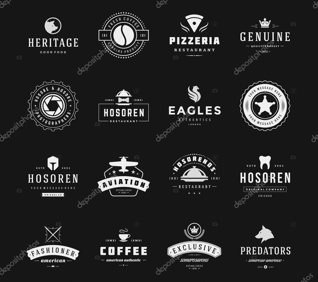 Vintage Logos Design Templates Set. Vector logotypes elements collection, Icons Symbols, Retro Labels, Badges, Silhouettes, Coffee, Fast Food, Crown, Pizza, Airplane, Pig head, Eagle, Wolf
