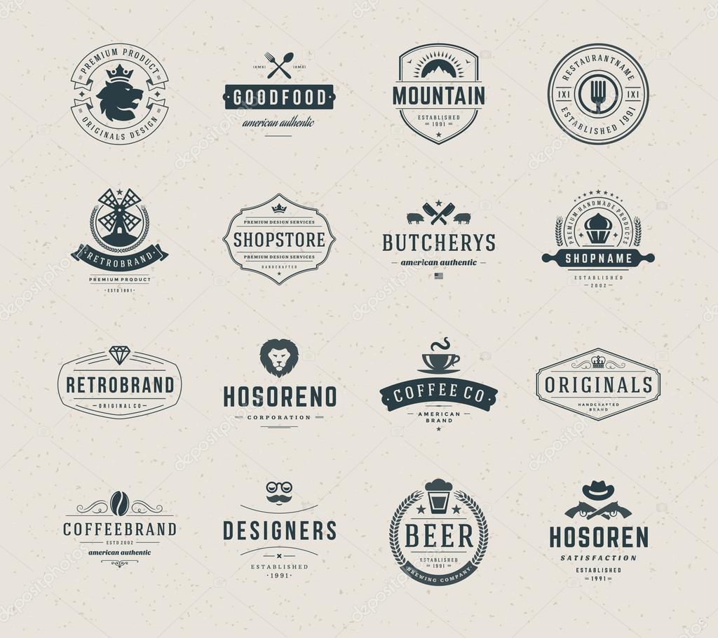 Vintage Logos Design Templates Set. Vector logotypes elements collection, Icons Symbols, Retro Labels, Badges, Silhouettes, Lion, Restaurant, Coffee, Crown, Mill, Crown, Spoon, Fork, Cupcake, Beer