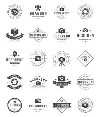 Fotoğrafçı Logo Şablonları Ayarlayın. Logotürü için Vektör Tasarım Elemanı Vintage Stil