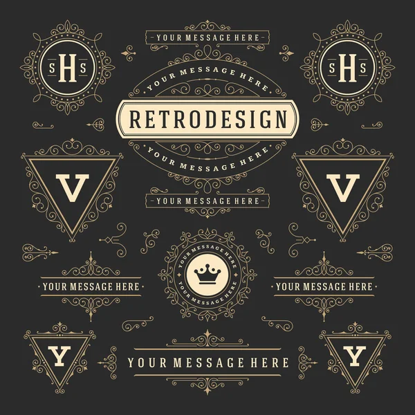 Vintage Vector Adornos Decoraciones Elementos de diseño. Florece combinaciones caligráficas Retro Logos — Archivo Imágenes Vectoriales