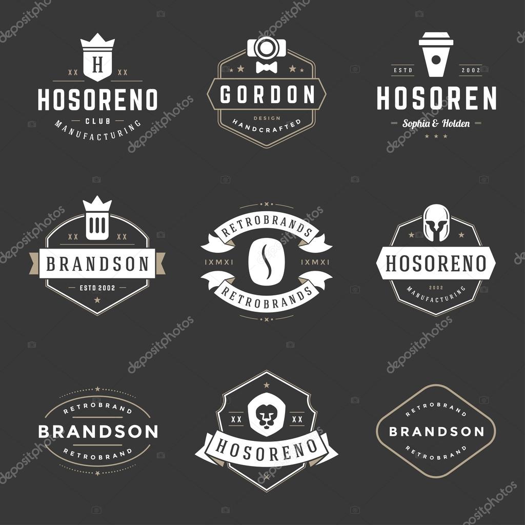 Vintage Logos Design Templates Set. Vector design elements, Logo Elements, Logo symbols, Logo Icons, Logo Vector, Symbols Design, Retro Logos. Beer Logo, Coffee Logo, Ornament Logo, Crown Logo