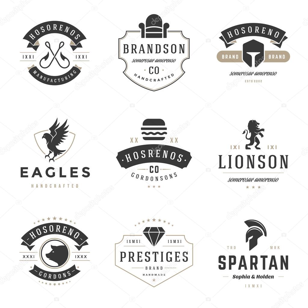 Vintage Logos Design Templates Set. Vector logotypes elements collection, Icons Symbols, Retro Labels, Badges, Silhouettes, Lion, Fast Food, Diamond, Helmet, Fishing Hook, Pig head, Eagle, Burger
