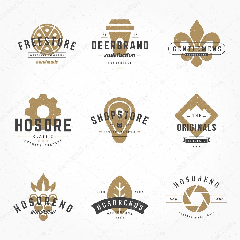 Vintage Logos Design Hand Drawn Templates Set. Vector logotypes elements collection, Icons Symbols, Retro Labels, Badges, Silhouettes, Coffee Cup, Fast Food, Meat, Pizza, Mountain, Photography, Leaf
