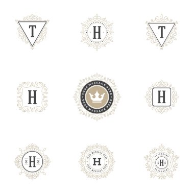 Kraliyet logolar tasarım şablonları kümesi. Kaligrafi zarif süsleme satırları güzelleşmek.