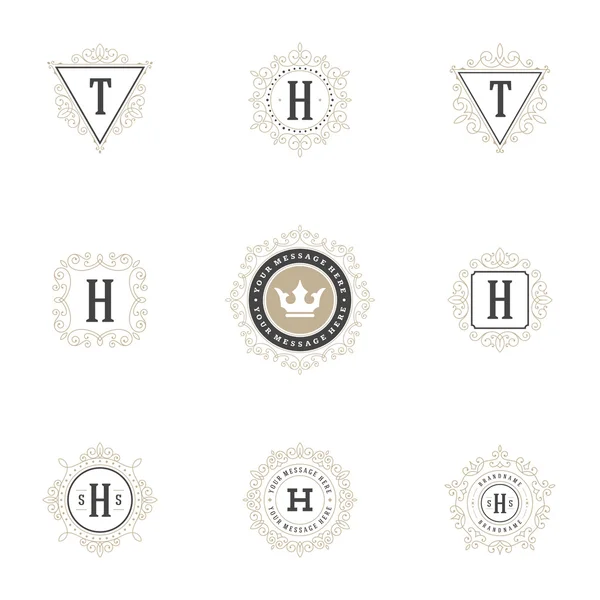 Royal logók Design sablonok készlet. Virágzik a kalligrafikus elegáns dísz vonalak. — Stock Vector